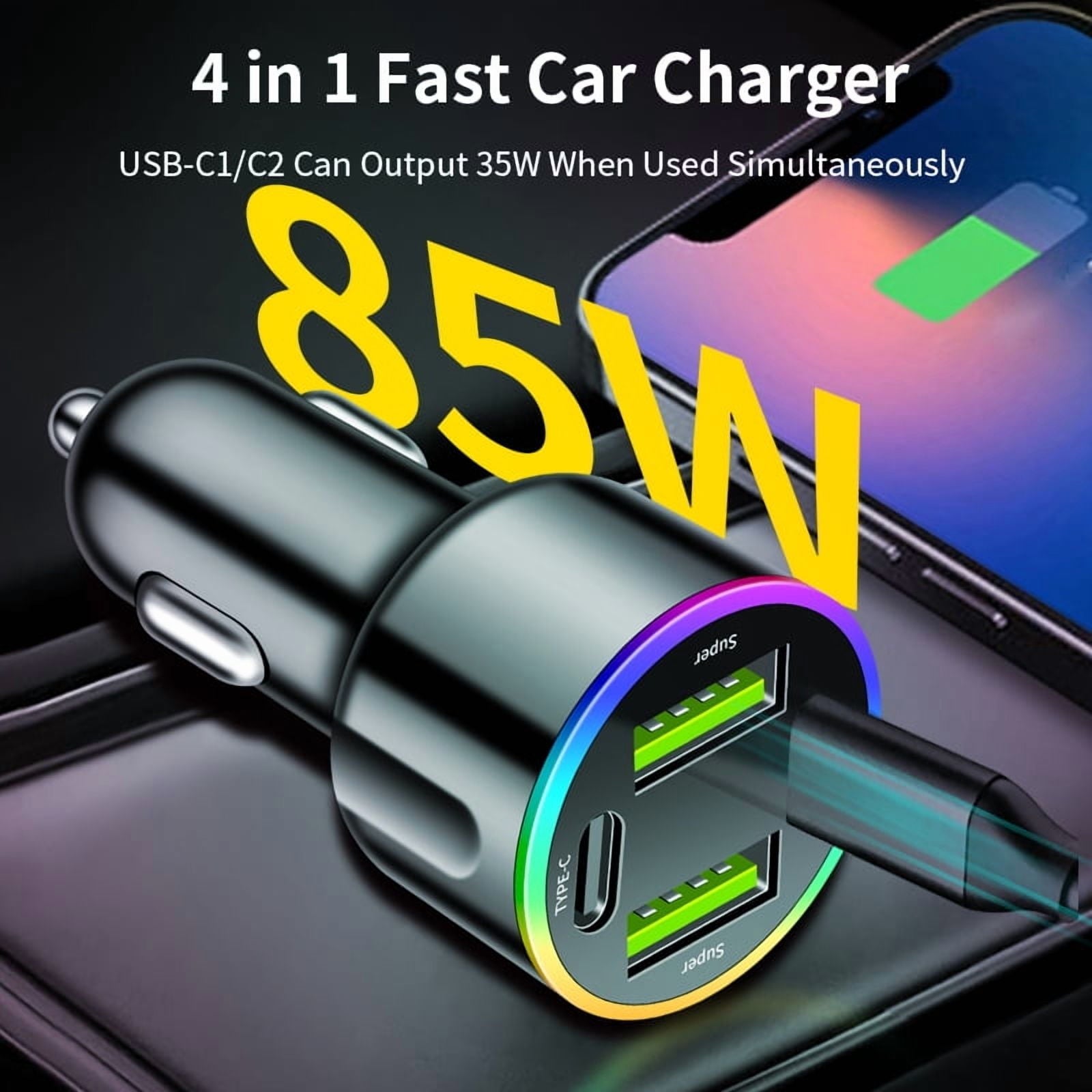 Car Charger Adapter, 4-Port 85W Fast Car Charger USB C, Cigarette Lighter Auto Charger Flush Compatible Samsung, Tablet, iPhone, iPad, LG, Automobile, Car Accessories for Women Men, for Gifts